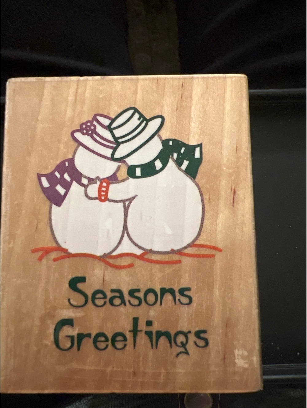 Vintage Wooden Stamp with Snowman Couple and Seasons Greetings